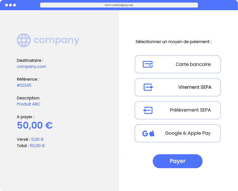 page de paiement Smart Form : récapitulatif de la transaction et choix du moyen de paiement