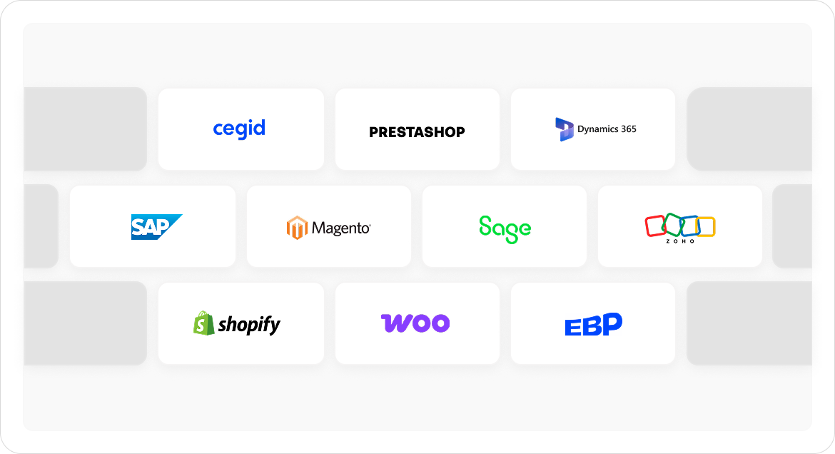 Connect : illustration de certains ERP et CMS connectables avec CentralPay
