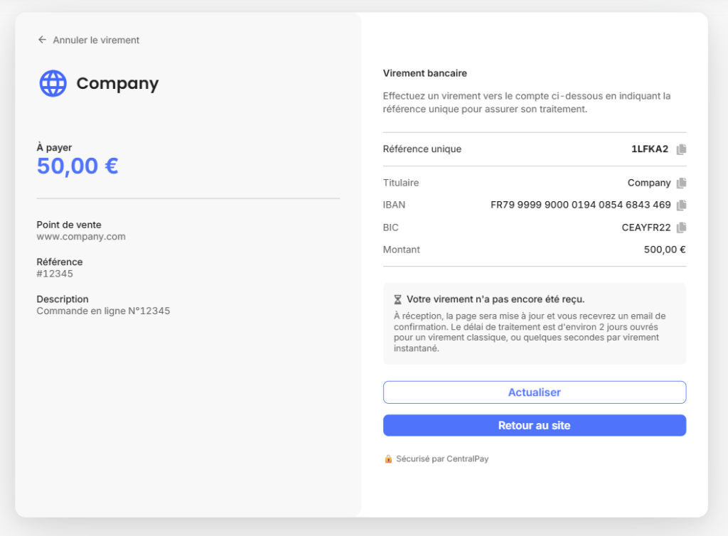 screenshot of the online bank transfer payment form